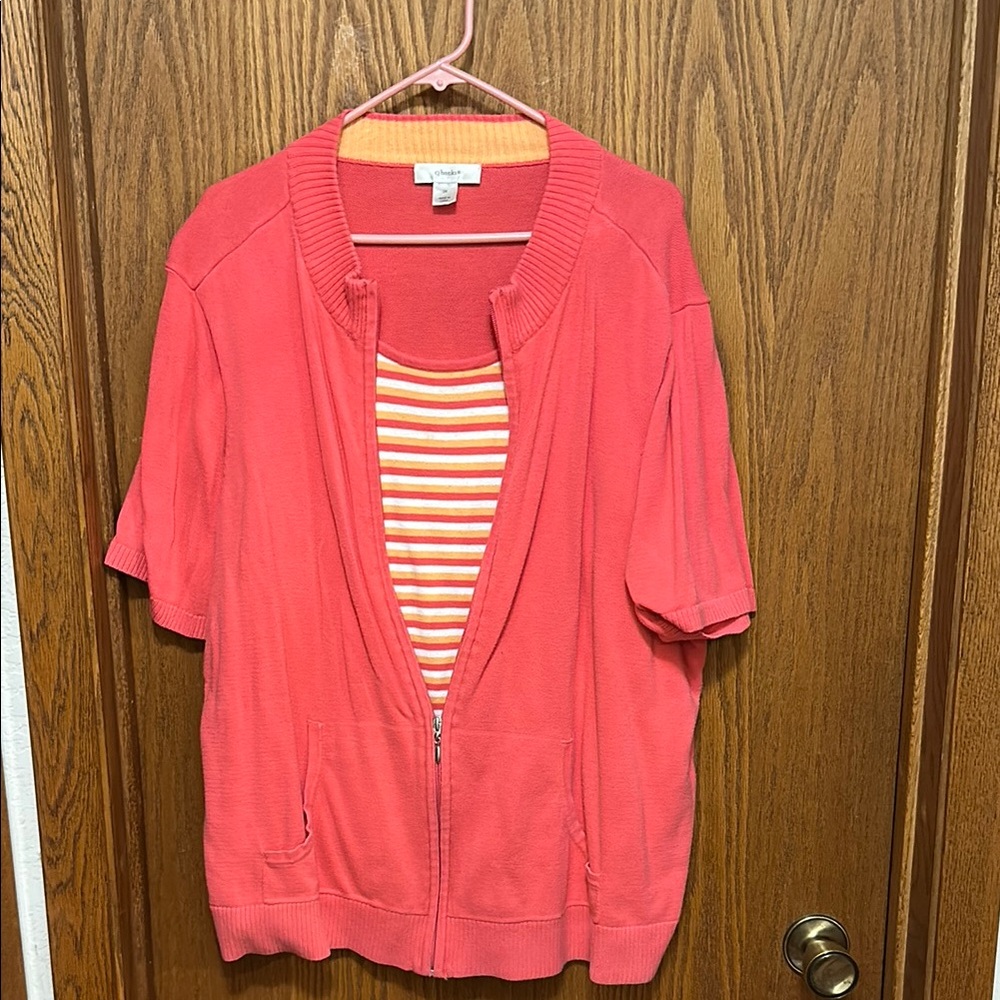 Coral Short Sleeve Cardigan with Striped Top